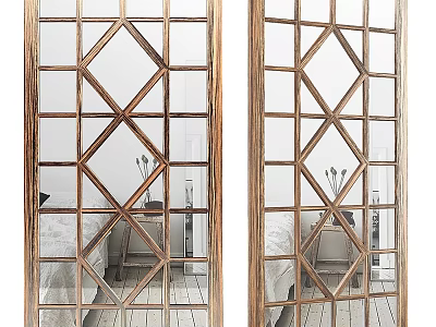 Decorative Wooden Frame Mirrors With Diamond Geometric Pattern Reflecting Room Interior 3d model