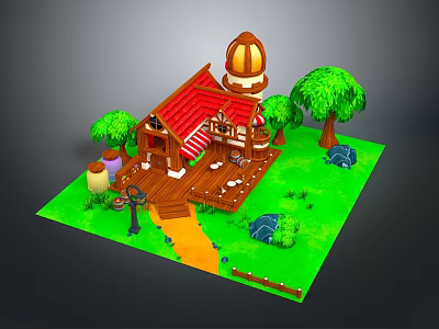 Cartoon Style House Scene With Red Roof Dome Tower Trees Lawn And Wooden Path 3d model