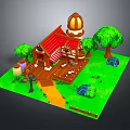 Cartoon Style House Scene With Red Roof Dome Tower Trees Lawn And Wooden Path