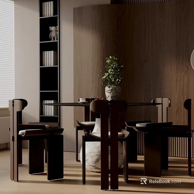 Modern Dining Table Set With Wooden Tabletop Four Matching Chairs And Potted Plant 3d model 