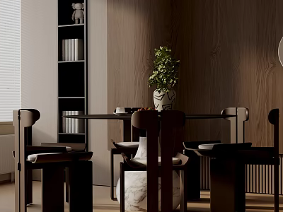 Modern Dining Table Set With Wooden Tabletop Four Matching Chairs And Potted Plant 3d model