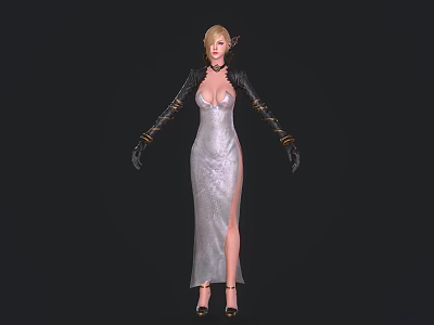 Elegant Woman In Silver Long Dress With Black Gloves And High Heels Against Black Background 3d model