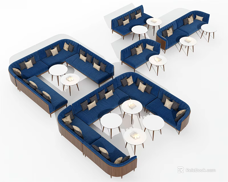 Blue L Shaped Sofa Combination With Round Side Tables And Decorative Cushions 3d model