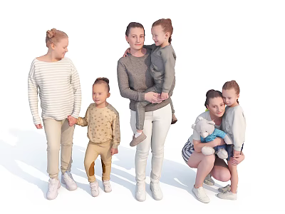 Group of Family Members Adults and Children Holding Hands Carrying Child and Cuddling Stuffed Toy 3d model