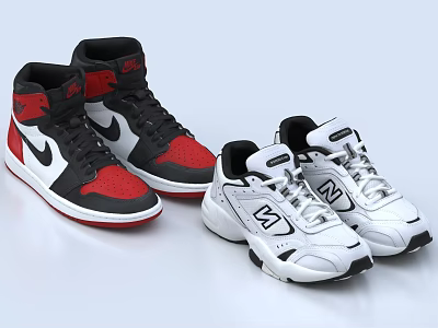 Stylish High Top Red Black And Low Top White Shoes With Classic Logo Details 3d model