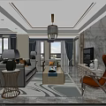 Elegant Modern Living Dining Room Interior With Chandelier Sofa Coffee Table Rug And TV