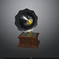 Classic Vintage Gramophone With Wooden Base Metal Horn And Turntable On Dark Background