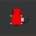 Red Cased Electronic Appliance With Black Fan Blades Power Cord And Safety Labels
