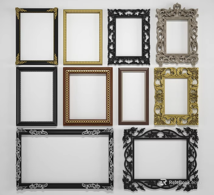 Stylish Mirror Frames Featuring Ornate And Modern Designs In Gold Black Brown Colors 3d model 