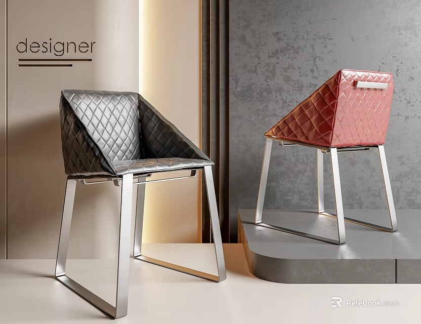Designer Black And Pink Quilted Dining Chairs With Metal Legs In Modern Interior Showcase 3d model 