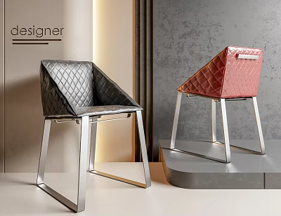 Designer Black And Pink Quilted Dining Chairs With Metal Legs In Modern Interior Showcase 3d model