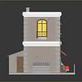 Two Story Detached Villa Exterior Featuring Red Awning Yellow Windows And Red Car