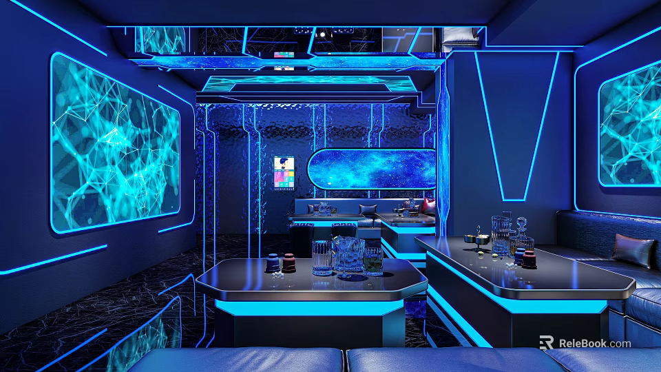 Futuristic Design KTV Interior with Blue Lighting Sofas Bar Counter and Large Screen 3d model 