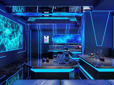 Futuristic Design KTV Interior with Blue Lighting Sofas Bar Counter and Large Screen 3d model