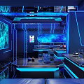 Futuristic Design KTV Interior with Blue Lighting Sofas Bar Counter and Large Screen 3d model