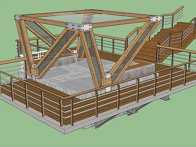 Wooden Platform Structure With Glass Roof Metal Connectors Staircase And Railing 3d model