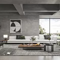 Modern Living Room Interior With Gray Walls Large Artwork White Sofa And Floor To Ceiling Windows