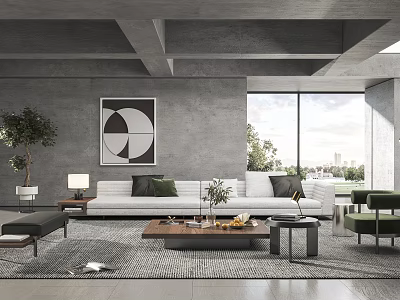 Modern Living Room Interior With Gray Walls Large Artwork White Sofa And Floor To Ceiling Windows 3d model