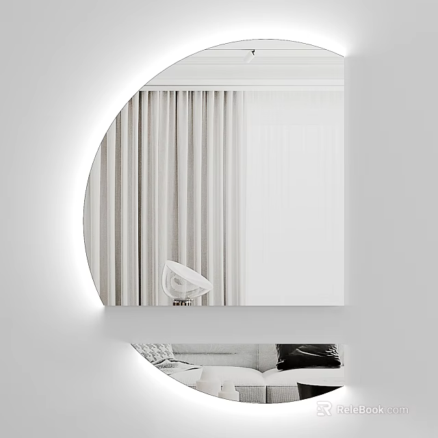 Round Backlit Mirror In Modern Interior Reflects Curtains And Sofa 3d model