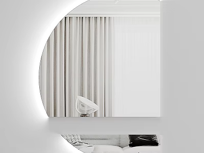 Round Backlit Mirror In Modern Interior Reflects Curtains And Sofa 3d model