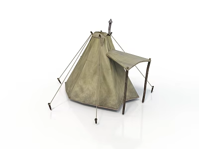 Traditional Conical Canvas Tent With Awning And Wooden Support Poles For Camping Shelter 3d model