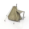 Traditional Conical Canvas Tent With Awning And Wooden Support Poles For Camping Shelter
