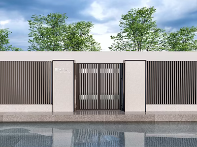 Modern Entrance Gate Design With Striped Grille Green Trees And Cloudy Sky 3d model