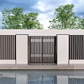 Modern Entrance Gate Design With Striped Grille Green Trees And Cloudy Sky