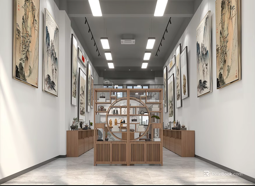 Traditional Chinese Painting Gallery With Wooden Display Shelf And Wall Artworks 3d model 