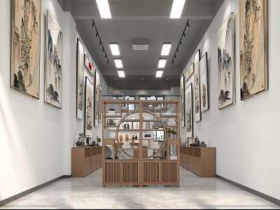 Traditional Chinese Painting Gallery With Wooden Display Shelf And Wall Artworks 3d model