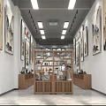 Traditional Chinese Painting Gallery With Wooden Display Shelf And Wall Artworks