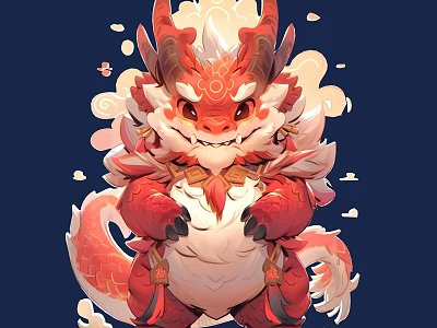 Chinese Style Red Dragon Wall Decor with Cloud Patterns and Cartoon Design 3d model