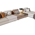 Modern Beige Sectional Sofa With Decorative Pillows Side Table And Throw Blanket 3d model