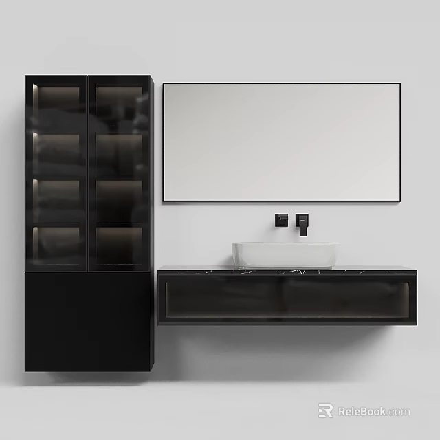 Modern Bathroom Vanity With White Washbasin Large Mirror Above Black Cabinet 3d model 