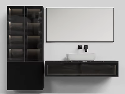 Modern Bathroom Vanity With White Washbasin Large Mirror Above Black Cabinet 3d model