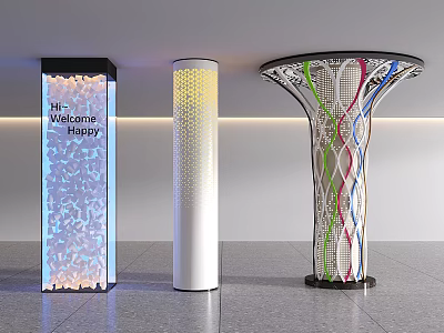 Three Decorative Columns with Welcome Sign Yellow Dotted Pattern and Colorful Intertwined Structure 3d model