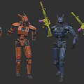 Colorful Sci-Fi Mecha Characters With Blue Orange Armor And Yellow Weapons