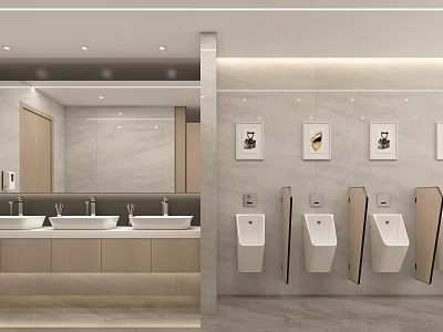 Public Restroom Modern Design With Tiled Walls Multiple Sinks Urinals Mirrors And Decorative Paintings 3d model
