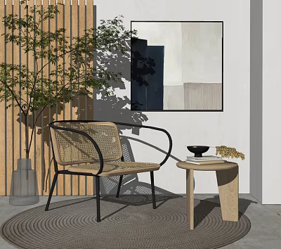 Modern Rattan Leisure Chair with Metal Frame Wooden Side Table Green Plant and Abstract Painting 3d model