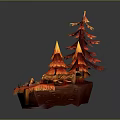 Cartoon Scene Featuring Red Trees Flame Like Design Log And Decorative Orange Red Base