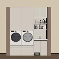 Modern White Laundry Room With Built in Washing Machines Wooden Frame And Storage Cabinets