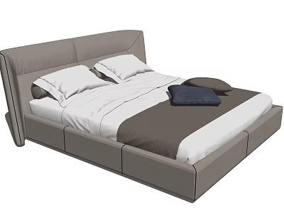 Modern Double Bed With Gray Upholstered Headboard White Bedding And Dark Cushion 3d model