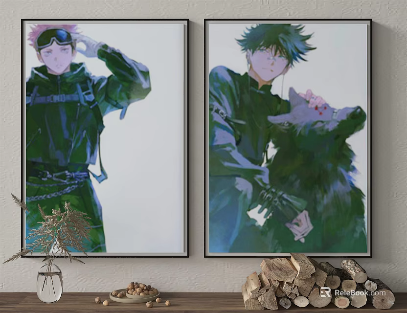 Two Framed Character Paintings Wall Art With Green Coats Goggles And Wolf 3d model 