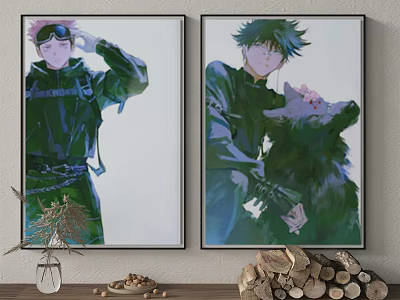 Two Framed Character Paintings Wall Art With Green Coats Goggles And Wolf 3d model