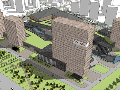 Modern Commercial Complex With City Hotel High Rise Buildings And Green Spaces 3d model