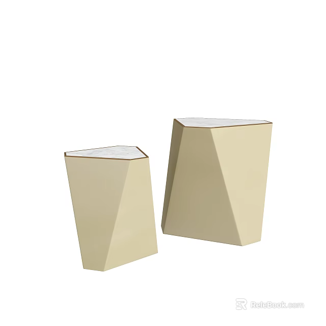 Two Modern Geometric Beige Side Tables With White Marble Top Design 3d model