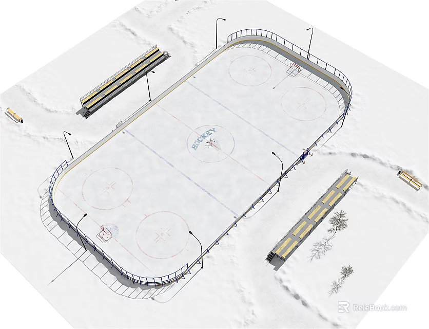 Snow Covered Soccer Field With Surrounding Fence Light Poles And Bleacher Seats 3d model 