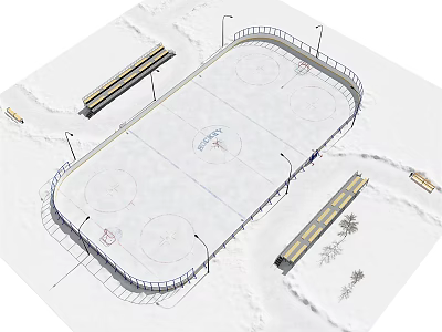 Snow Covered Soccer Field With Surrounding Fence Light Poles And Bleacher Seats 3d model