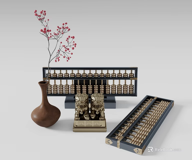 Traditional Chinese Abacuses with Brown Vase and Red Flower Branches on 3d model 