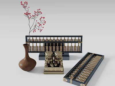 Traditional Chinese Abacuses with Brown Vase and Red Flower Branches on 3d model